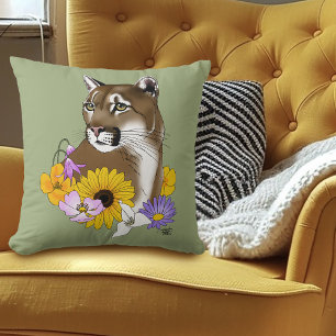 Wildflowers Cougar Mountain Lion Puma Throw Pillow