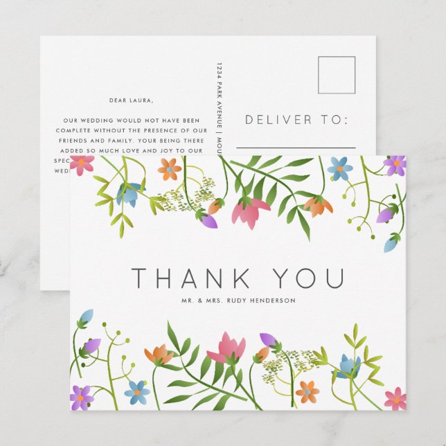 Wildflowers Country Botanical Wedding Thank You Postcard (Front/Back)
