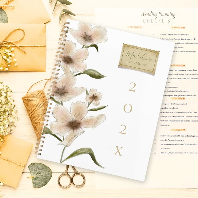 Wildflowers Custom Name Vintage Floral Stamp Planner (Elegant monogram name wildflower shabby chic vintage floral stamp planner with script typography.)