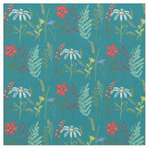 Wildflowers Cute Flowers in Teal Fabric