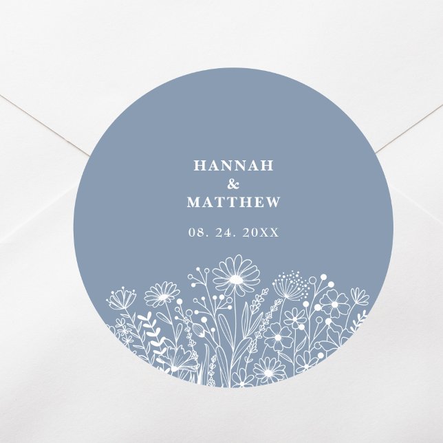 Wildflowers Dusty Blue Boho Wedding Classic Round Sticker (Creator Uploaded)