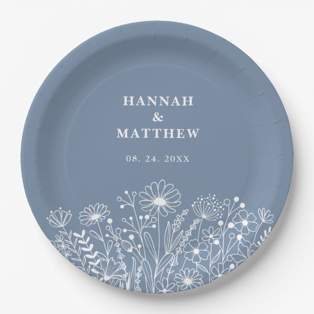 Wildflowers Dusty Blue Boho Wedding Paper Plate (Front)
