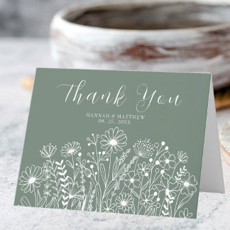 Wildflowers Elegant Boho Sage Green Wedding Thank You Card