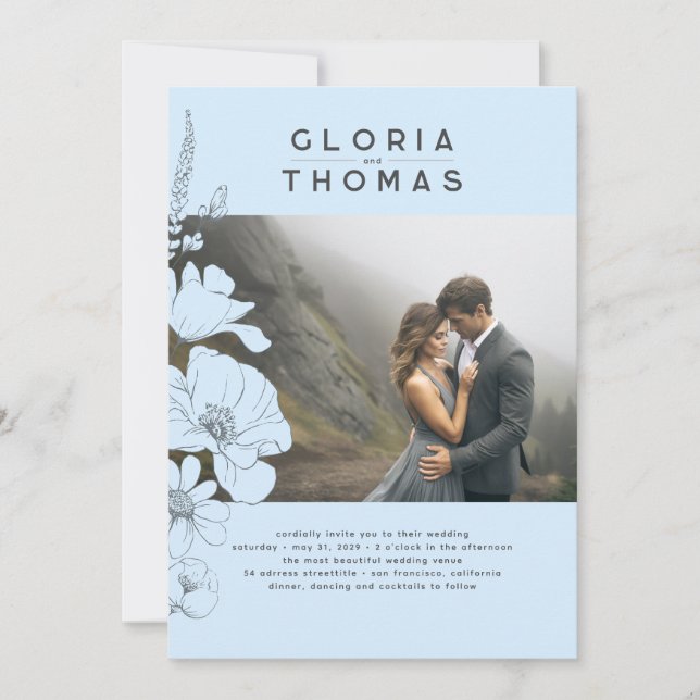 Wildflowers Elegant Dusty Blue Wedding Photo Invitation (Front)