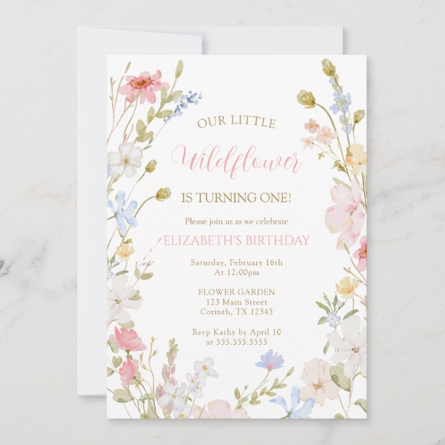 Wildflowers elegant Spring First Birthday Invitation (Front)