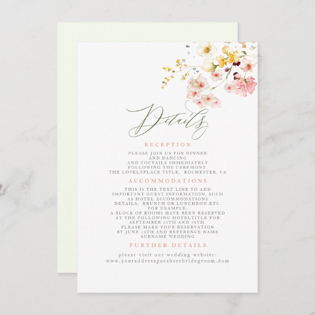 Wildflowers Elegant Wedding Information Enclosure Card (Front/Back)