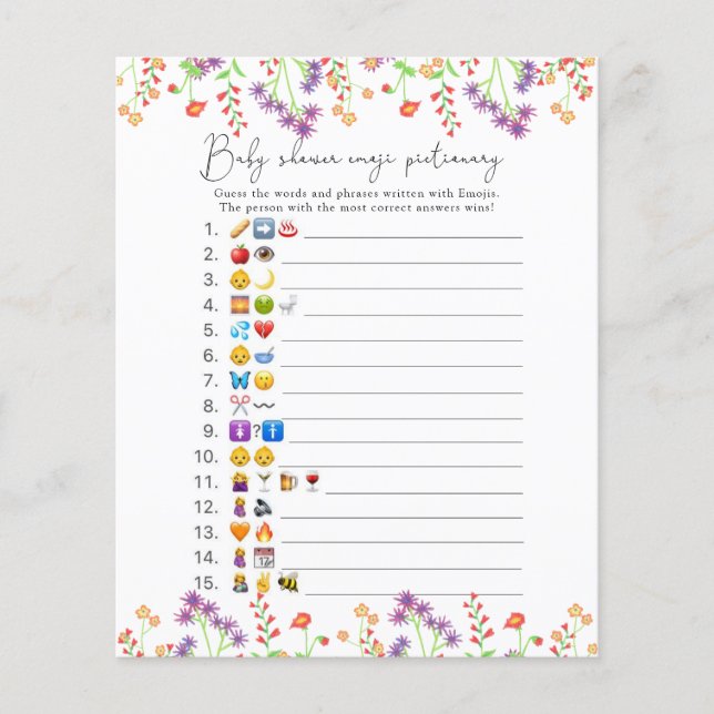 Wildflowers Emoji picture game baby shower (Front)