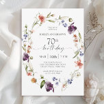 Wildflowers Feminine Floral 70th Birthday Party Invitation<br><div class="desc">Celebrate a 70th birthday in lovely feminine style with this modern floral wildflowers birthday party invitation. A beautiful watercolor painted wreath of mixed wildflowers in hues of pink, purple, peach, blue and white with scattered greenery make this invitation pop with style. Personalize the text template with your party info. This...</div>