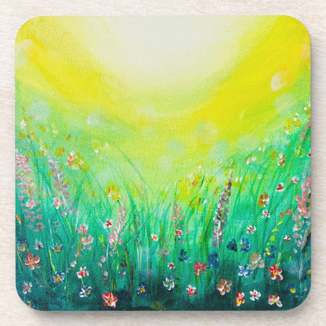 Wildflowers field colorful green yellow coaster (Front)