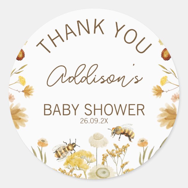 Wildflowers Floral Bee Baby Shower Favor Sticker (Front)