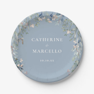 Wildflowers Floral Cascade Dusty Blue Wedding Paper Plate