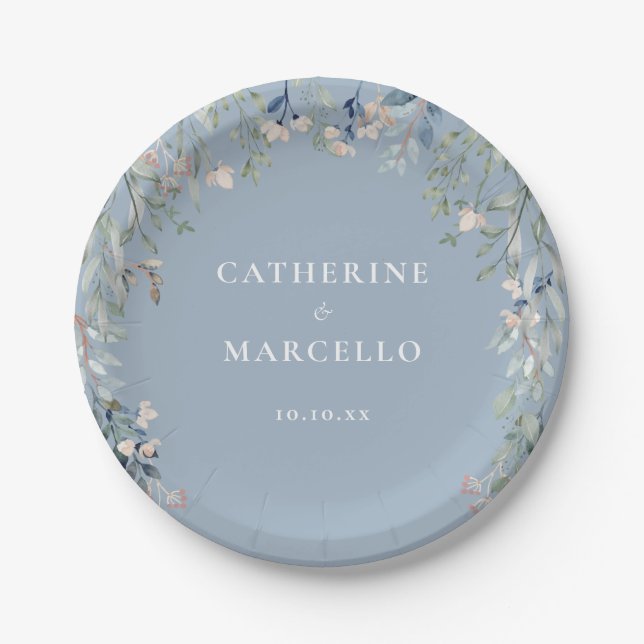 Wildflowers Floral Cascade Dusty Blue Wedding Paper Plate (Front)
