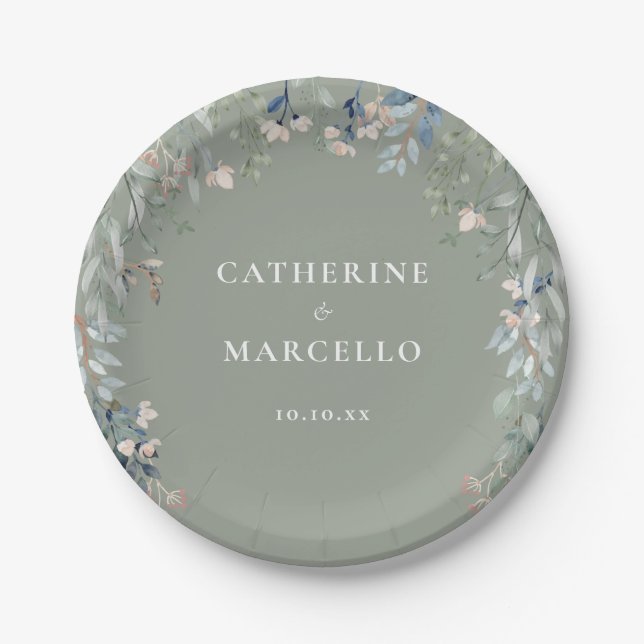 Wildflowers Floral Cascade Sage Green Wedding Paper Plate (Front)