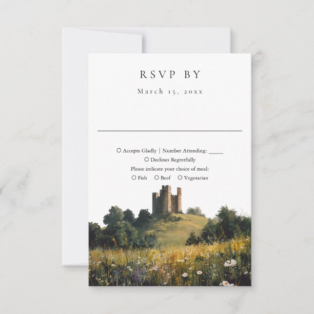 Wildflowers Floral Castle Watercolor Wedding RSVP Card (Front)
