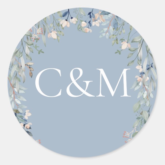 Wildflowers Floral Dusty Blue Monogram Classic Round Sticker (Front)