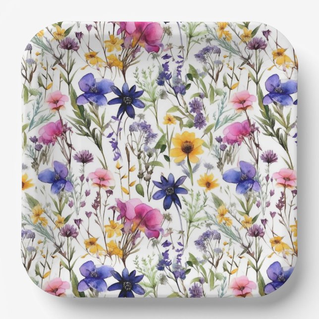 Wildflowers Floral Flowers Watercolor Paper Plate (Front)