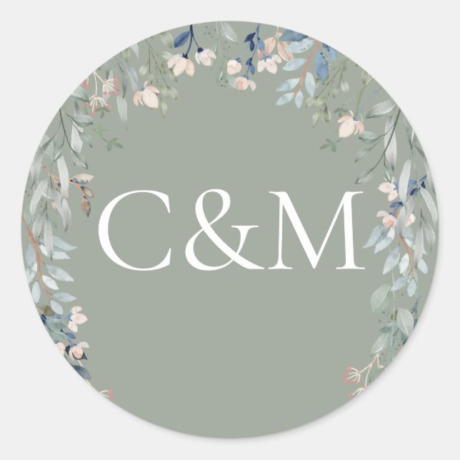 Wildflowers Floral Sage Green Monogram Classic Round Sticker (Front)