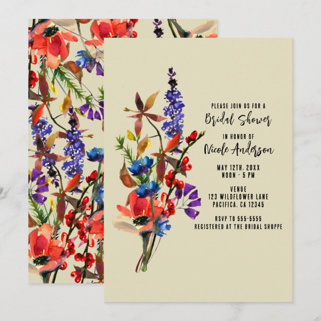 Wildflowers Floral Watercolor Beige Bridal Shower Invitation (Front/Back)