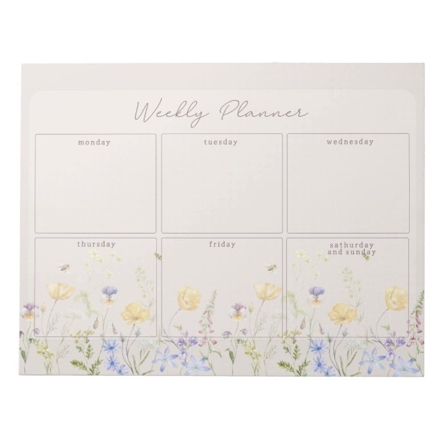 Wildflowers, floral weekly planner notepad (Front)