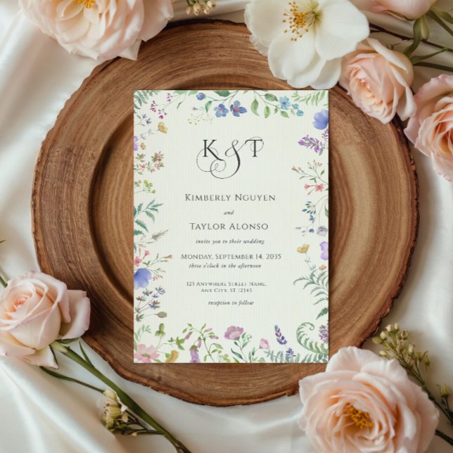 Wildflowers Frame Personalized Wedding Monogram Invitation (Creator Uploaded)