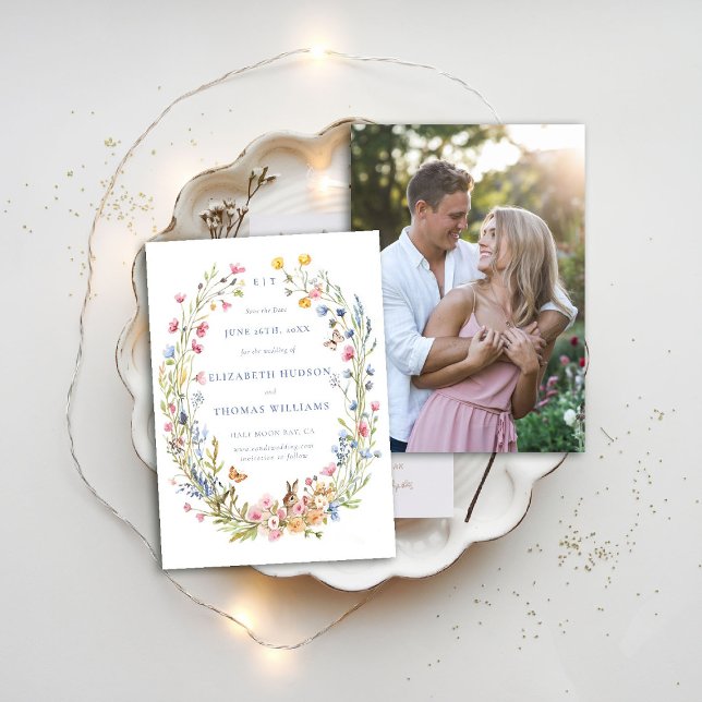 Wildflowers Garden Modern Photo Wedding Save Date Invitation (wildflowers wedding save the date photo enchanted garden woodland forest butterfly rabbit whimsical)