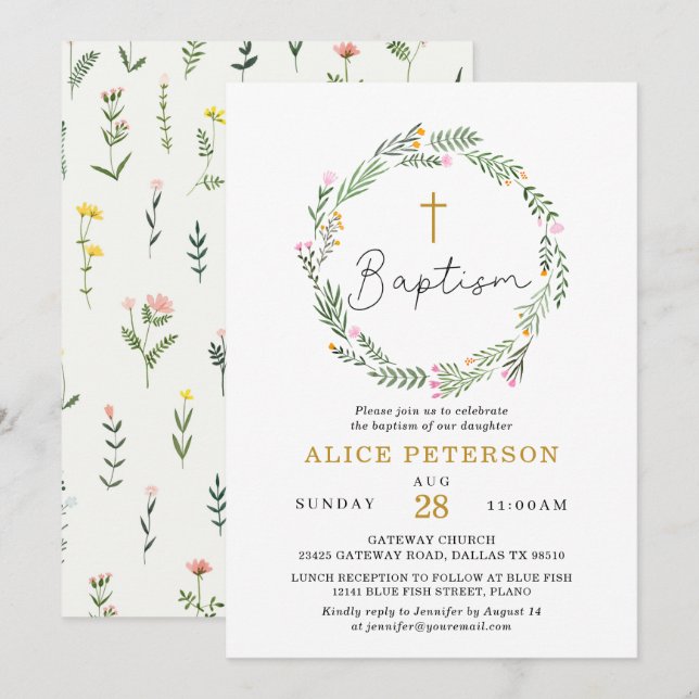 Wildflowers Girl Baptism Celebration Invitation (Front/Back)