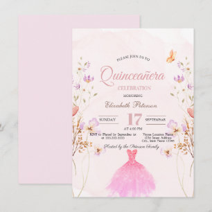 Wildflowers Glitter Dress Pink Quinceanera Invitation