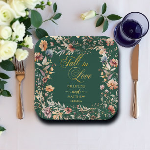 Wildflowers Gold 'Fall in Love' Elegant Wedding Paper Plate