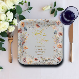 Wildflowers Gold 'Fall in Love' Elegant Wedding Paper Plate