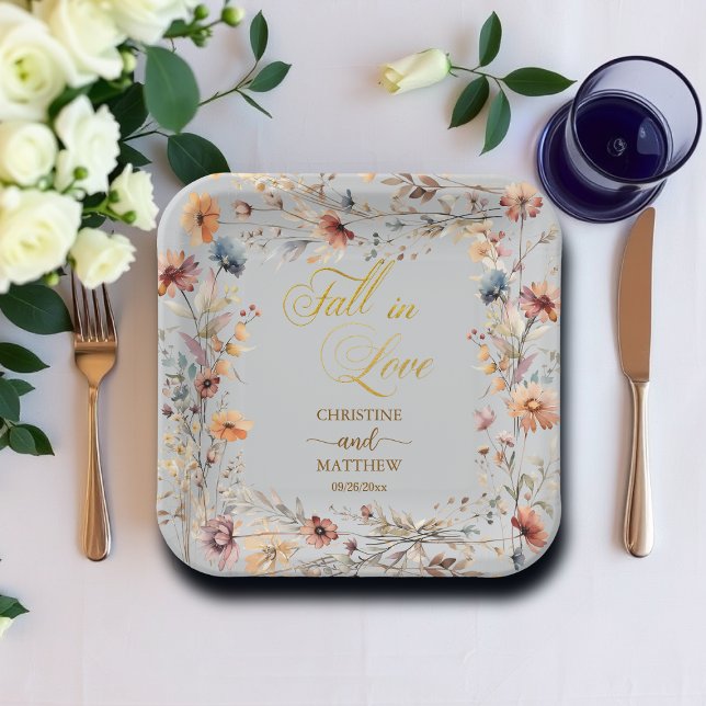 Wildflowers Gold 'Fall in Love' Elegant Wedding Paper Plate (Creator Uploaded)
