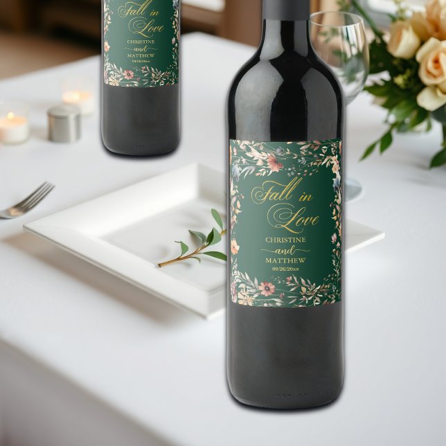 Wildflowers Gold 'Fall in Love' Elegant Wedding Wine Label (Creator Uploaded)