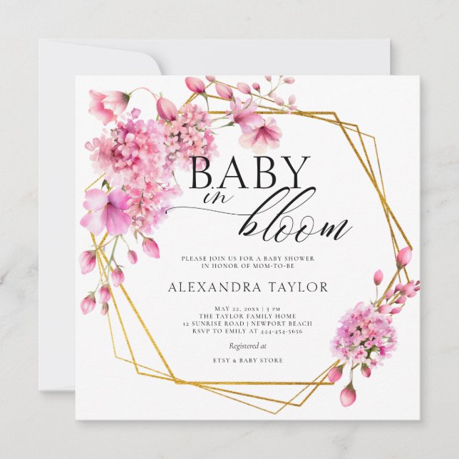 Wildflowers Gold Terrarium Pink Baby Girl Shower Invitation (Front)