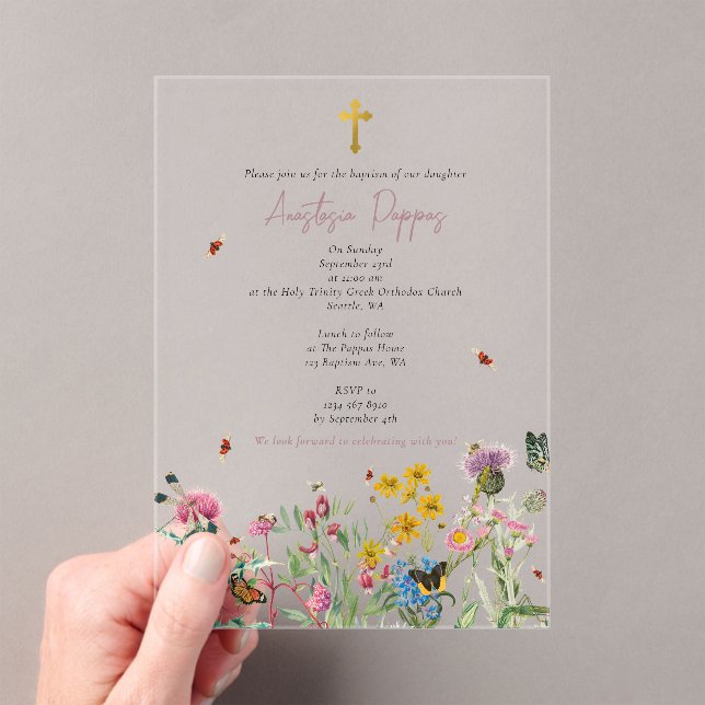 Wildflowers Greek Orthodox Christening Baptism Acrylic Invitations (Insitu (Handheld))