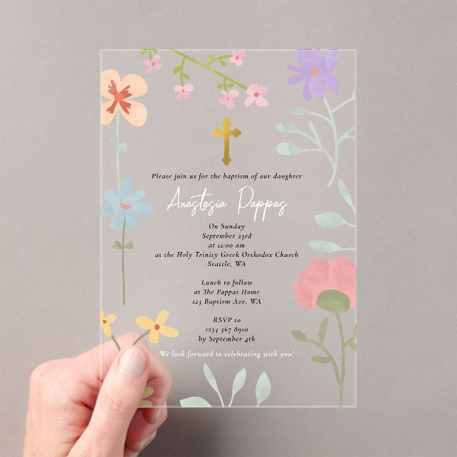 Wildflowers Greek Orthodox Christening Baptism Acrylic Invitations (Insitu (Handheld))