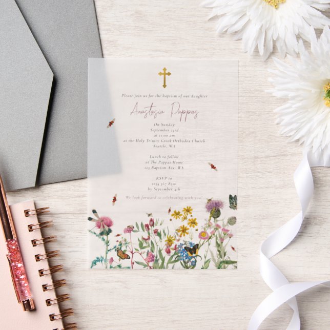 Wildflowers Greek Orthodox Christening Baptism Vellum Invitations (Wedding)
