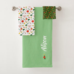 Wildflowers green white red  bath towel set