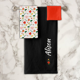 Wildflowers green white red black bath towel set