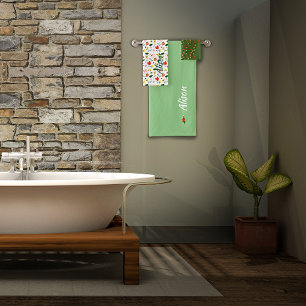 Wildflowers green white red name bath towel set