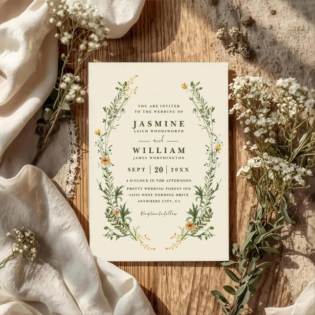 Wildflowers Green Wreath Rustic QR Code Wedding Invitation (Creator Uploaded)