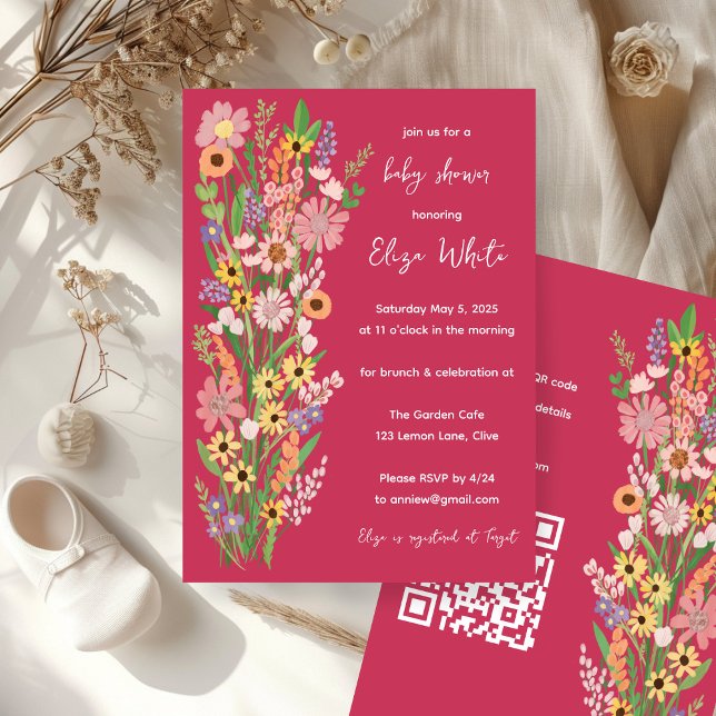 Wildflowers Handpainted Custom QR code Baby Shower Invitation (Wildflowers Handpainted Custom QR code Baby Shower Invitation Pink)