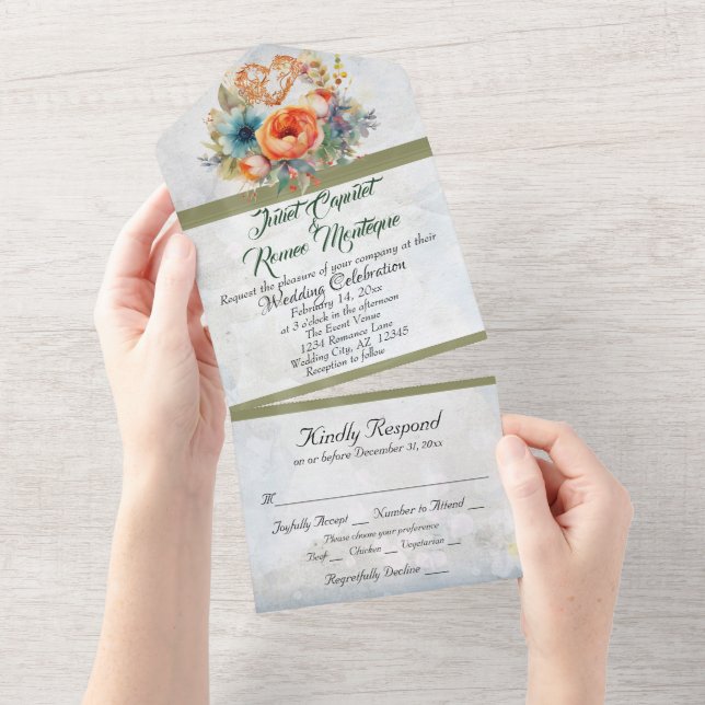 Wildflowers, Heart & Sage Ribbon All In One Invitation (Tearaway)