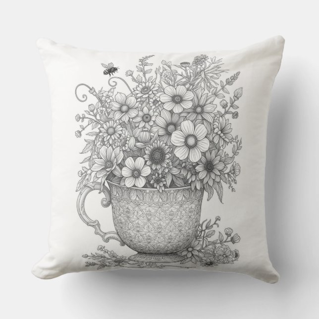 Wildflowers & Honey Bee Ink Sketch Throw Pillow (Front)