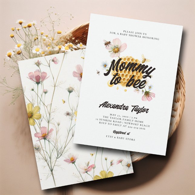 Wildflowers Honey Mommy to Bee Baby Girl Shower Invitation (mommy to bee baby girl shower invitation watercolor illustration honey combs whimsical wildflowers)