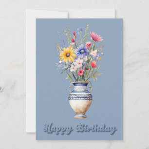 Wildflowers in Vase Birthday Flat Greeting Card