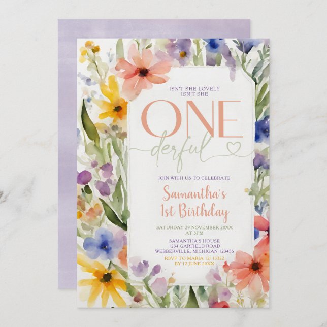 Wildflowers Isn't She Onederful 1st Birthday Invitation (Front/Back)