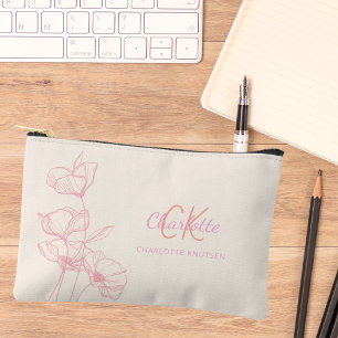 Wildflowers line art pink cream monogram name accessory pouch