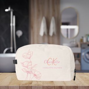 Wildflowers line art pink cream monogram name dopp kit