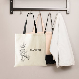 Wildflowers line art simple name tote bag