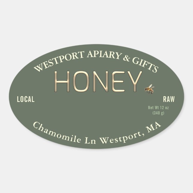 Wildflowers Local Raw Honey Label Bee Green Gold (Front)