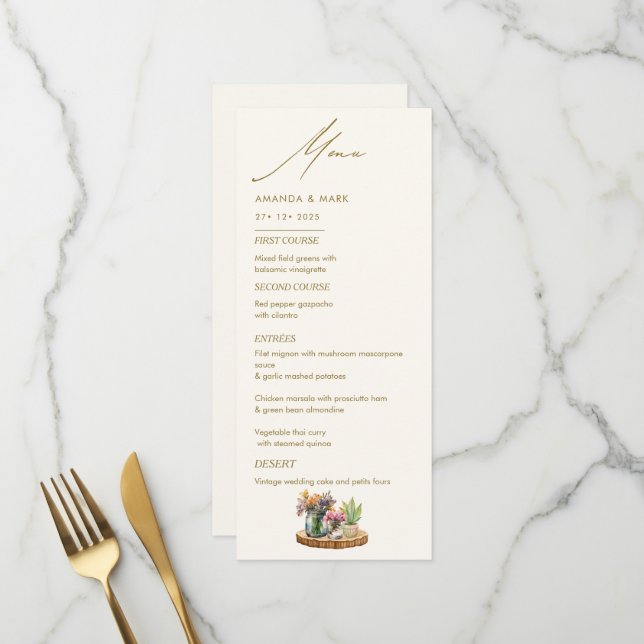 Wildflowers Mason Jar Boho bohemian Wedding Menu (Front/Back In Situ)